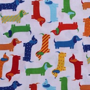 Cotton Dogs Dachshunds Puppies Pets Blue Orange Green Yellow Dogs on White Urban Zoologie Striped Dots Kids Fabric Print by the Yard D575.71