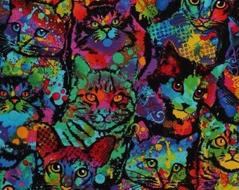 Cotton Cat Cats Kitty Kitties Pets Colorful Paint Splatter Animals on Black Cotton Fabric Print by the Yard (cat-c4140-multi) D576.20