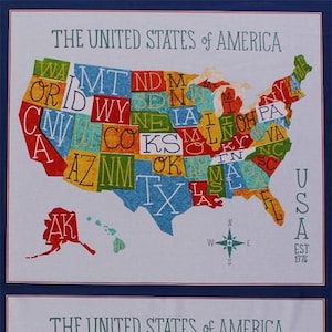 23.5&quot; X 44&quot; Panel Explore America USA State Names Abbreviations Initials School Words American Patriotic Blue Cotton Fabric Panel D765.08