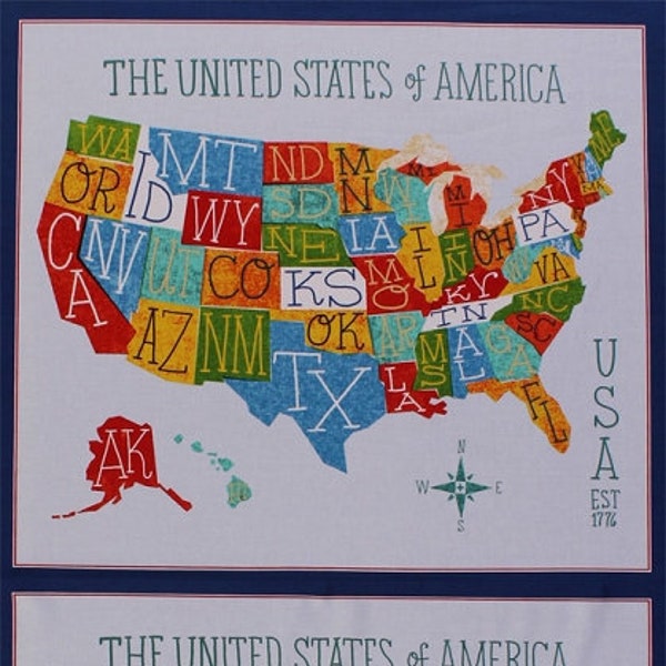 23.5" X 44" Panel Explore America USA State Names Abbreviations Initials School Words American Patriotic Blue Cotton Fabric Panel D765.08