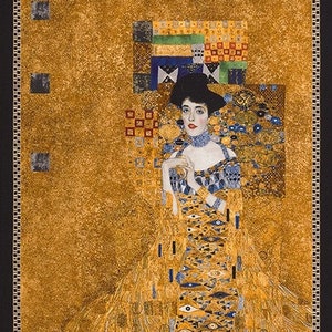 May include: A painting of a woman in a gold dress with a patterned design. The background is a gold and black geometric pattern.