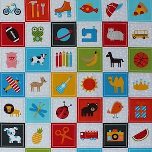 May include: A colorful fabric with a grid of 36 squares, each featuring a different illustration. The illustrations include animals, objects, and food items. The fabric is perfect for quilting, crafting, and other creative projects.