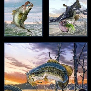 May include: A collage of five images featuring largemouth bass fish jumping out of the water. The images show the fish in different settings, including a lake, a river, and a pond. The fish are all depicted in a realistic style, with detailed scales and fins.