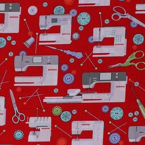 Cotton Sewing Machines Bernina Sewing Room Buttons Pins Scissors Sewing Seamstress Red Cotton Fabric Print by the Yard D573.18 by Benartex