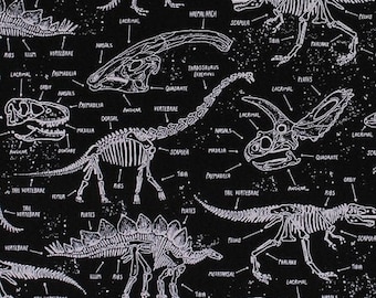 Cotton Dinosaurs Skeletons Skulls Bones T-Rex Triceratops Stegosaurus Paleontology Fossil Glow-in-the-Dark Cotton Fabric Print BTY D567.74