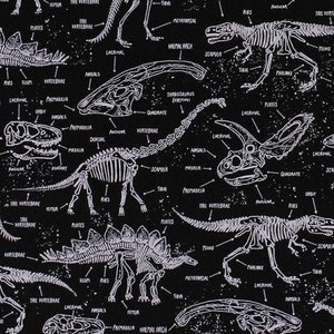 Cotton Dinosaurs Skeletons Skulls Bones T-Rex Triceratops Stegosaurus Paleontology Fossil Glow-in-the-Dark Cotton Fabric Print BTY D567.74