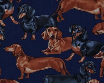 Cotton Dachshunds Dogs Puppies Puppy Toss Animal Navy Cotton Fabric Print by the Yard (gm-3190) D779.43