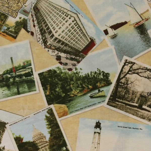 Cotton Wisconsin Postcards State Landmarks Tourists Travel United States America USA Quilt Wisconsin 2014 Fabric Print by the Yard D515.01