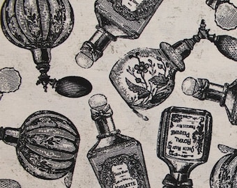 Cotton Perfume Bottles Fragrances Victorian French Antique Vintage Parfum Bottles on Cream Ladies Women's Fabric Print by the Yard D505.24