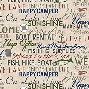 Cotton On Lake Time Lake Life Sayings Words Phrases Lake House Fishing Light Khaki Cotton Fabric Print by the Yard D372.57 Clothworks