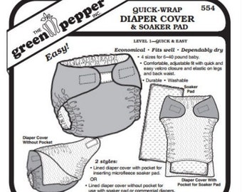 May include: A black and white diagram of a Quick-Wrap Diaper Cover & Soaker Pad pattern. The pattern includes diagrams of the diaper cover with and without a pocket, and a soaker pad. Includes size and fabric information.