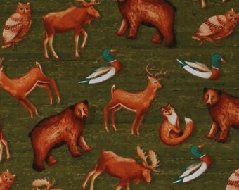 Cotton Woodland Animals Moose Ducks Bears Owls Deer Foxes Cabin Northwoods Forest Wildlife Green Cotton Fabric Print by the Yard D788.48