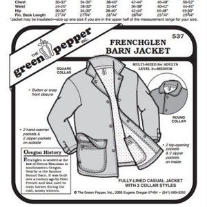 Adults Frenchglen Barn Jacket Coat Outerwear Cold Weather #537 Sewing Pattern (Pattern Only) gp537