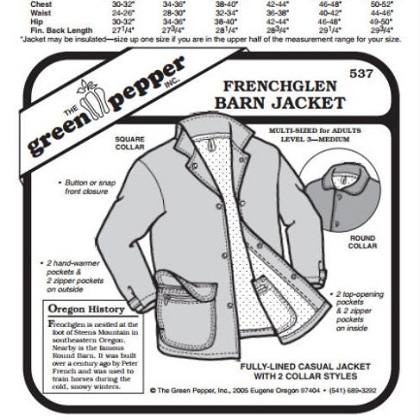 Adultes Frenchglen Barn Jacket Manteau Manteaux Temps froid #537 Patron de couture (motif uniquement) gp537