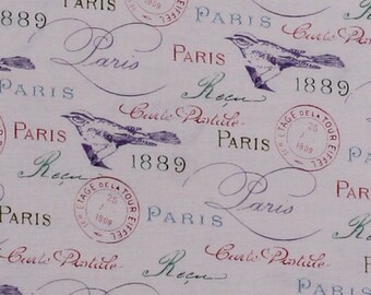 Cotton Paris France French Words Cursive Script Birds Stamps 1889 World Fair Paris in Bloom White Cotton Fabric Print by the Yard D481.23