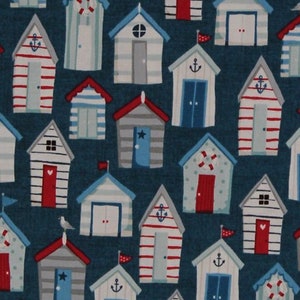 Cotton Sea View Beach Huts Houses Lake Ocean Nautical Blue Cotton Fabric Print by the Yard (1635-1) D478.10