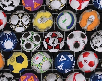 Cotton Sports Soccer Balls Ball Multi Color Cotton Fabric Print by the Yard (276-BLACK) D662.39
