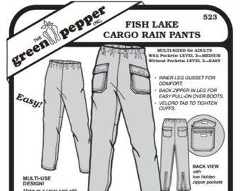 May include: A sewing pattern for Fish Lake Cargo Rain Pants, pattern number 523. The pattern includes instructions for making pants with or without pockets. The pattern is for adults and is multi-sized. The pattern includes a back view of the pants with two hidden zipper pockets.