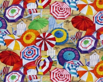 Cotton Beach Umbrellas Chairs Summer Vacation Sandpipers Sand Beach Vista Cotton Fabric Print by the Yard (6506SAND) D502.39