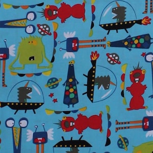 Cotton Aliens Spaceships Planets Stars Monsters Kids Children&#39;s Blue Cotton Fabric Print by the Yard (43231-1) D779.55