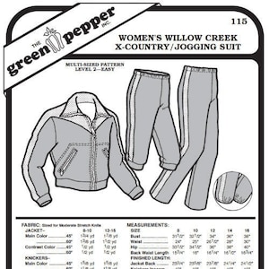 Puede incluir: Un patrón de costura para un traje de jogging Willow Creek X-Country para mujer. El patrón incluye instrucciones para una chaqueta, pantalones cortos y pantalones. El patrón es multitalla y fácil de seguir. El patrón es para tejidos de punto elásticos moderados. El patrón incluye medidas para las tallas 8-10, 12-16 y 14-16. El patrón también incluye una lista de las nociones necesarias para el proyecto.