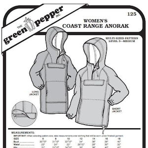 May include: A black and white sewing pattern for a women's Coast Range Anorak jacket. The pattern includes instructions for making both a long and short jacket. The pattern is multi-sized and includes measurements for sizes 6-18. The pattern also includes a list of notions needed to complete the project.