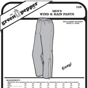 May include: A sewing pattern for men's wind and rain pants. The pattern is multi-sized and easy to follow. The pattern includes instructions for making the pants, as well as a list of materials and notions needed. The pattern is from The Green Pepper, Inc. and is dated 1997.