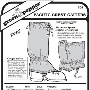 Pode incluir: Um padrão de costura para polainas Pacific Crest, um padrão de vários tamanhos para desportos de neve, caminhadas ou caça. O padrão é de nível 2, fácil. O padrão inclui instruções para fazer polainas com zíper e fecho de velcro na parte de trás. O padrão é da The Green Pepper, Inc. e inclui os requisitos de tecido e materiais.