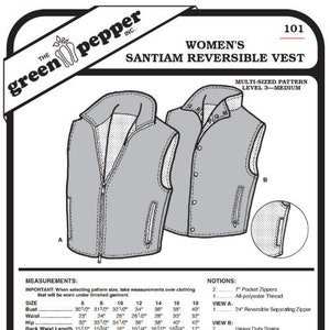 May include: A sewing pattern for a reversible vest. The pattern includes instructions for making a vest with two different looks, one with a zip and one with snaps. The pattern is for sizes 6-18 and includes measurements for bust, waist, hip, back waist length, and finished length. The pattern also includes a list of suggested fabrics for the vest.