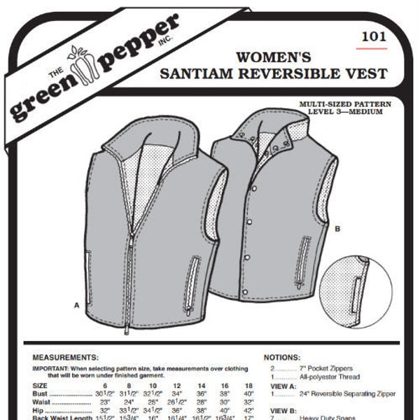 Green Pepper Women's Santiam Reversible Vest #101 Sewing Pattern (Pattern Only) gp101