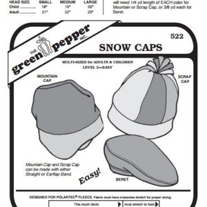 May include: A black and white diagram of snow caps, including a mountain cap, scrap cap, and beret. The diagram includes measurements for children and adults, with head sizes ranging from 18 to 23 inches. The text reads "Easy!"