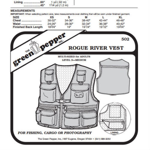 Green Pepper Adults' Rogue River Fishing Fisherman Vest #502 Sewing Pattern (Pattern Only) gp502