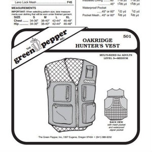 May include: A black and white line drawing of a hunting vest with multiple pockets. The vest has a zipper closure and a mesh back panel. The text "Oakridge Hunter's Vest #501" is printed at the top of the image.