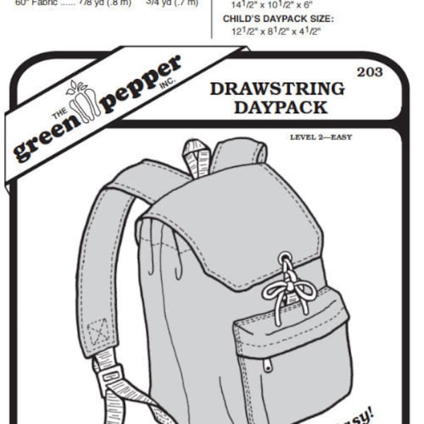 Green Pepper Drawstring Daypack Backpack Bag #203 Sewing Pattern (Pattern Only) gp203