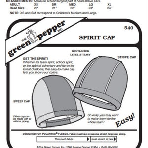May include: A sewing pattern for a spirit cap, with instructions for making two different styles: a stripe cap and a sweep cap. The pattern is designed for Polartec fleece and includes measurements for sizes XS-XL. The pattern is labeled "Level 2-Easy" and includes a diagram of the finished cap.
