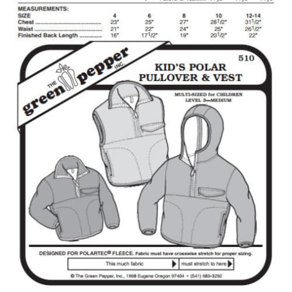 Green Pepper Kids Polar Pullover & Vest Jacket Coat Outerwear #510 Sewing Pattern (Pattern Only) gp510