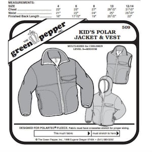May include: A sewing pattern for a kid's polar fleece jacket and vest. The pattern includes instructions for sizes 4-6, 8, 10, and 12-14. The pattern is designed for Polartec fleece and includes a diagram showing how much fabric is needed for each size.