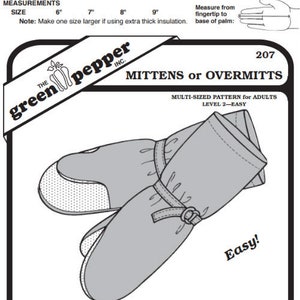 Puede incluir: Un patrón de costura para guantes o mitones para adultos. El patrón está etiquetado como "Nivel 2-Fácil" e incluye instrucciones para diferentes opciones de tela y medidas. El patrón es de The Green Pepper, Inc.