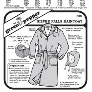 May include: A sewing pattern for a raincoat with two collar styles: a square collar and a round collar. The pattern includes instructions for making a fully lined raincoat with pockets, a detachable hood, and an optional tie belt. The pattern is for adults and is multi-sized. The pattern is from The Green Pepper, Inc. and is for size level 3-medium.