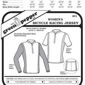 Può includere: Un cartamodello per una maglia da ciclismo da donna. Il cartamodello include istruzioni per realizzare una maglia a maniche lunghe e una maglia a maniche corte. Il cartamodello è multi-taglia per donne, livello 3-medio. Il cartamodello include istruzioni per l'utilizzo di tessuto a maglia Raschel.