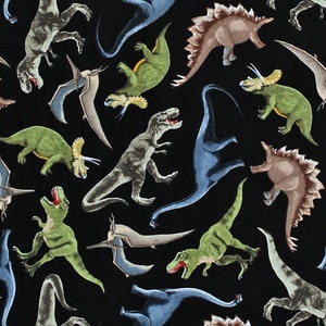 Cotton Dinosaurs Jurassic Animals Reptiles T-Rex Pterodactyls Stegosaurus Triceratops Black Kids Cotton Fabric Print by the Yard D692.44