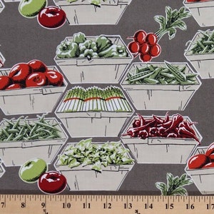 Cotton Coleslaw Vegetables in Boxes Tomatoes Green Peppers Radishes Chili Peppers Gardening Cotton Fabric Print by the Yard (98511) D471.25