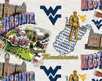 Cotton West Virginia University Mountaineers Scenic Map College Cotton Fabric Print by the Yard (WV-1212) D663.67