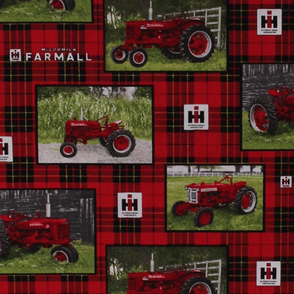 Cotton McCormick Farmall Tractors Logo Farming Farm Country Fences Farmer on Plaid Red Black Cotton Fabric Print by the Yard (10175) D688.45