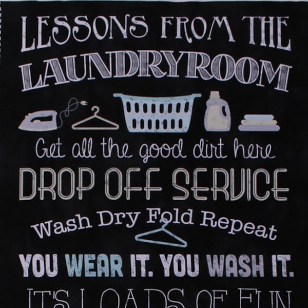 Lessons From the Laundry Room - 23" X 44" Panel Words Family Rules List Hangers Clothespins Font Chalkboard-Look Black Cotton Fabric D763.56