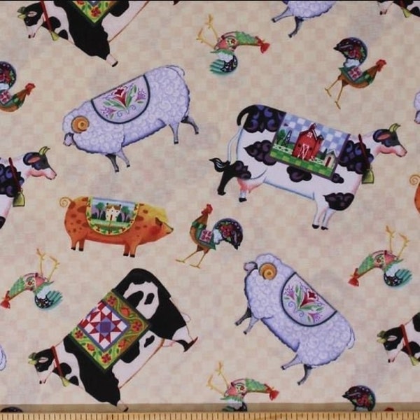 Cotton Jim Shore Village Farm Animals Cows Sheep Roosters Folk Art Cream Checkered Cotton Fabric Print by the Yard (61514-3890715) D481.22