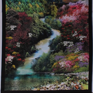 24.5&quot; X 44&quot; Panel Mountain View Sunset Valley Trees River Evening Misty Nature Paradise Digital Cotton Fabric D364.08 by Paintbrush Studios