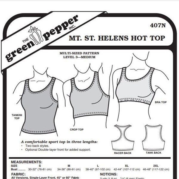 Mt. St. Helen's Hot Top New Version Crop Top Sports Bra Tankini Tank Top #407N Sewing Pattern (Pattern Only) gp407N