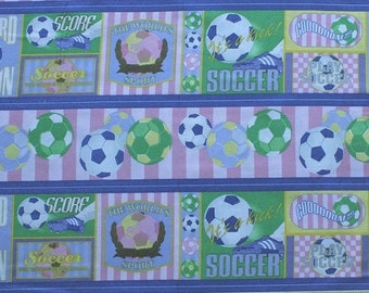 Cotton Sports Collage Soccer Balls Phrases Repeating Stripe Multi (4 Parallel Stripes) Cotton Fabric Print by the yard D662.18