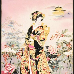 24" X 44" Panel Japanese Geishas Woman Asian Metallic Gold Imperial Collection 18 Black Cotton Fabric Panel (AZYM-21198-122CAMELLIA) D409.20